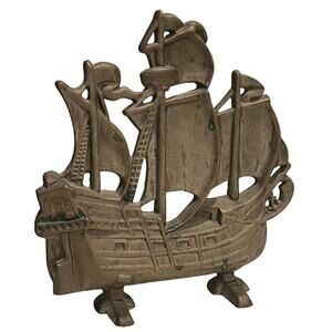 Brass Ship Doorstop Colonial Sail Boat Sculpture Antique 11” Bookend Solid Vtg